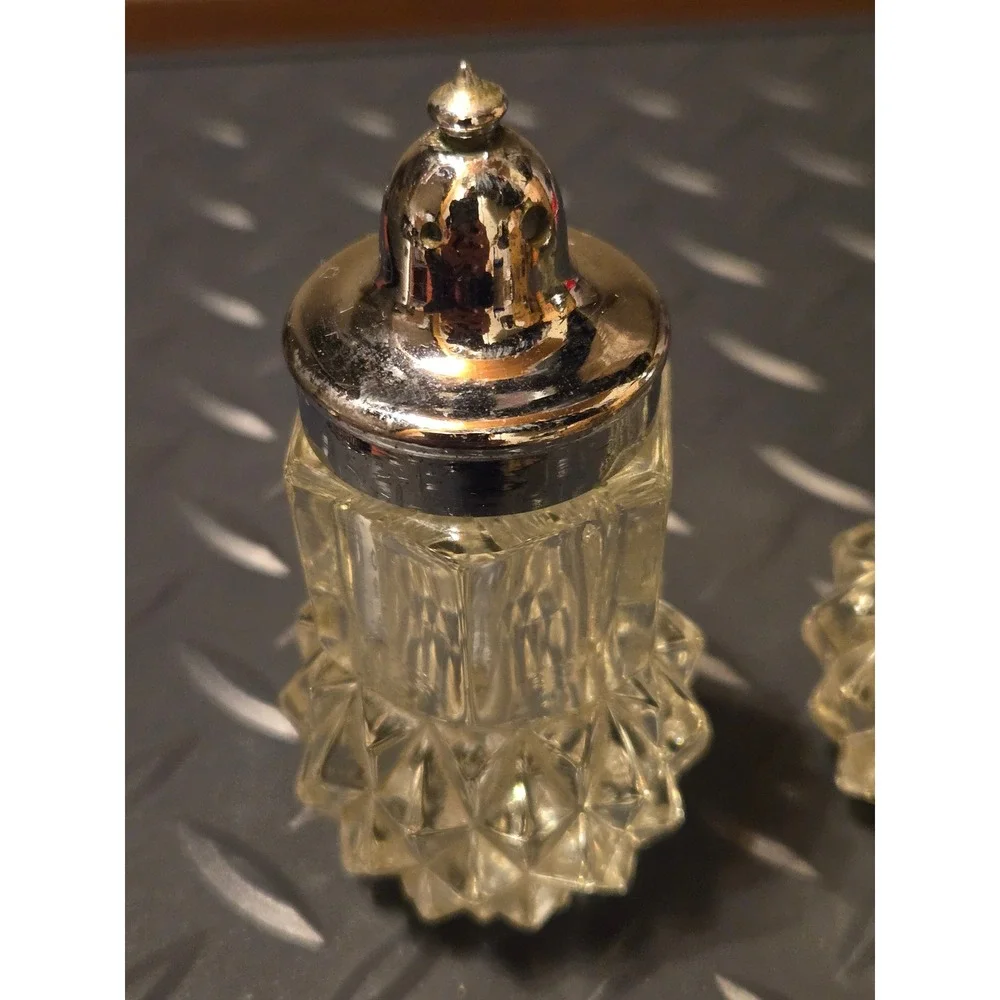 Vintage Cut Glass Salt and Pepper Shakers Diamond Point Hobnail Clear Silver Lid